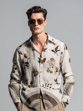 Men's long-sleeved top with plant and bird prints